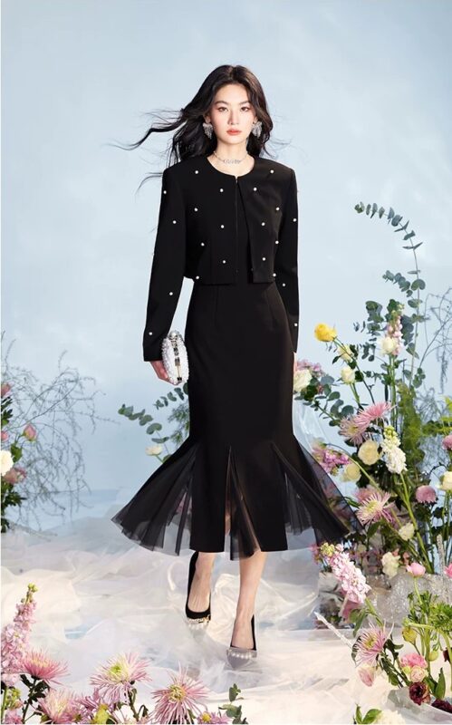 Square collar temperament fish tail dress