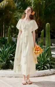 White dress, women's summer floral embroidery, waist cinching, pleating, bubble sleeve skirt